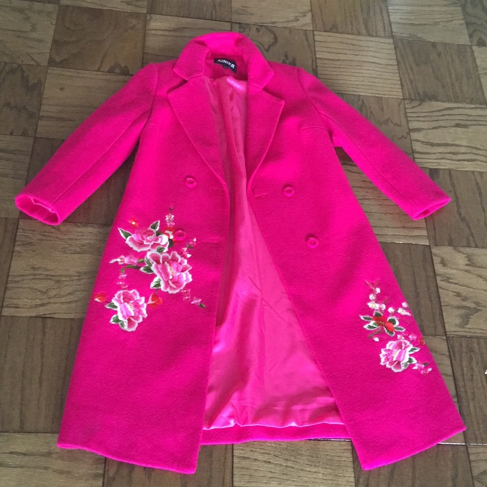 Anine Bing Hot Pink Embroidered Double-Breasted Trench Coat
